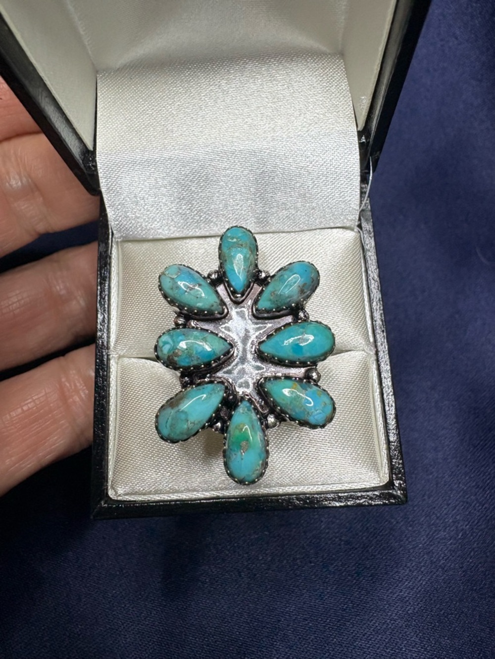 Turquoise Teardrop Cluster Ring - Silver Setting - Picture 2 of 9